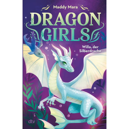 Buchcover von Dragon Girls: Willa, der Silberdrache mit einem silbernen Drachen mit Flügeln und Blättern.