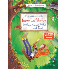 Buchcover: Ein Junge und ein Esel lesen im Baum, bunte Waldkulisse mit Tieren, deutscher Text.