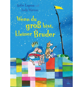 Zwei Kinder und ein Hund sitzen auf einem bunten Bett unter sternklarem Himmel mit einer gelben Fahne.