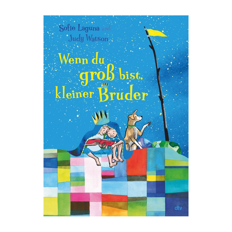 Zwei Kinder und ein Hund sitzen auf einem bunten Bett unter sternklarem Himmel mit einer gelben Fahne.