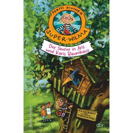 Buntes Buchcover: Ein Mädchen steht bei einem Baumhaus, darin ein Dinosaurier. Drei Kinder beobachten es von unten.