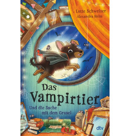 Illustration: Fledermaus fliegt in Zimmer mit Büchern und Spinnweben Buchtitel Das Vampirtier auf Deutsch.