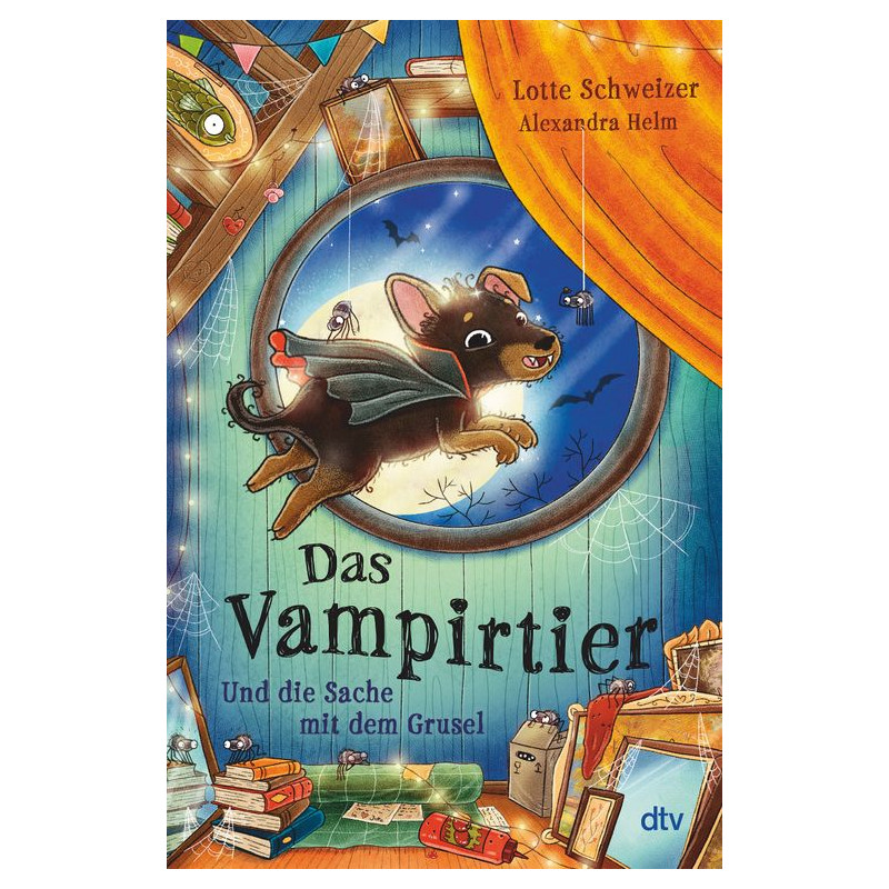 Illustration: Fledermaus fliegt in Zimmer mit Büchern und Spinnweben Buchtitel Das Vampirtier auf Deutsch.