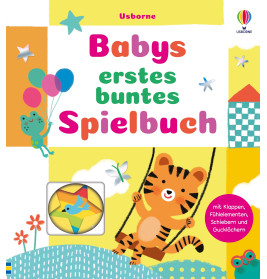 Farbiges deutsches Babybuch-Cover mit Tiger, Frosch, Luftballons und dem Titel "Babys erstes buntes Spielbuch".
