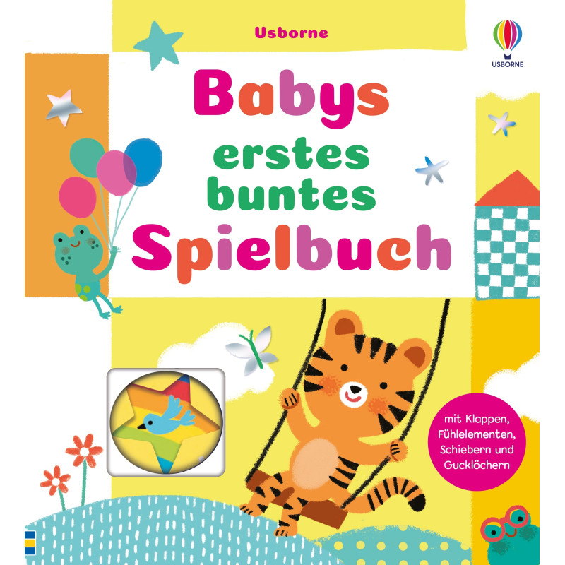 Farbiges deutsches Babybuch-Cover mit Tiger, Frosch, Luftballons und dem Titel "Babys erstes buntes Spielbuch".