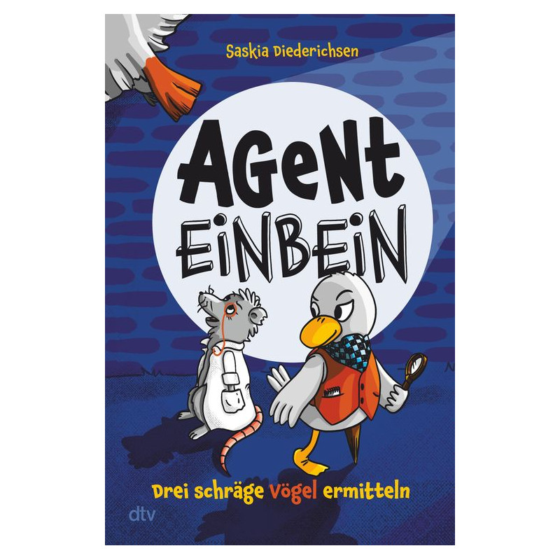 Buchcover mit gezeichnetem Enten-Detektiv, einer Ratte und dem Titel Agent Einbein in fetten Buchstaben.