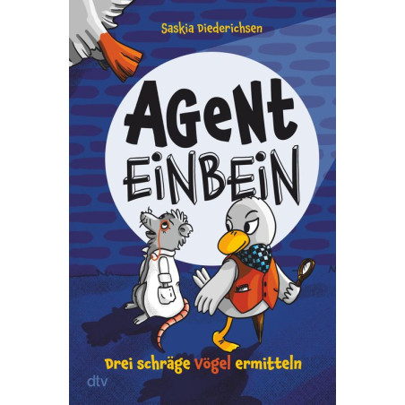 Buchcover mit gezeichnetem Enten-Detektiv, einer Ratte und dem Titel Agent Einbein in fetten Buchstaben.