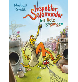 Ein Zeichentrick-Salamander-Inspektor und eine Spinne sitzen gefangen im Netz, dahinter Fabriken.