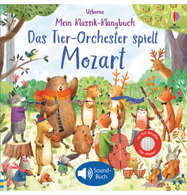 Waldtiere spielen Instrumente im Freien als Orchester, mit deutschem Text.