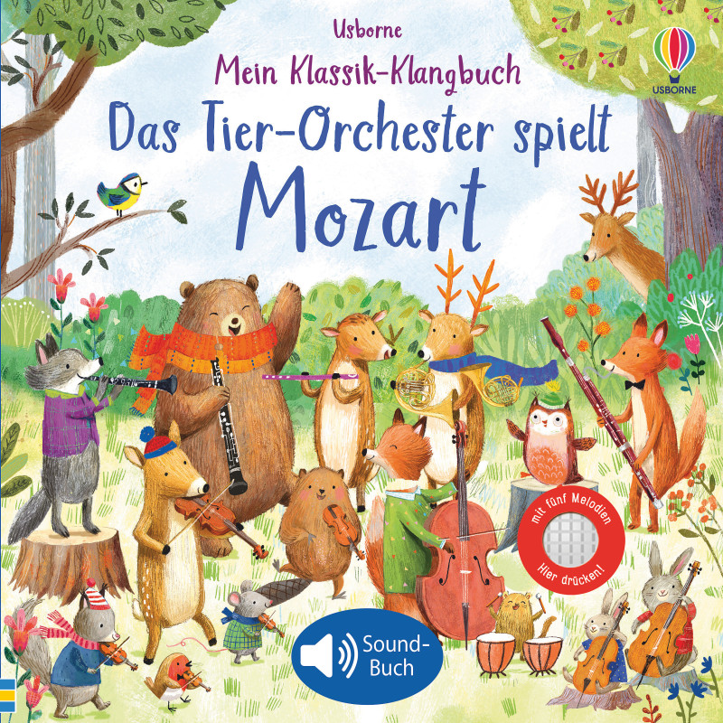 Waldtiere spielen Instrumente im Freien als Orchester, mit deutschem Text.