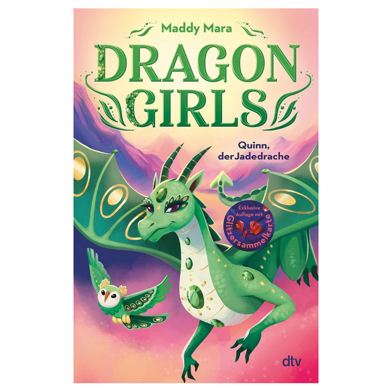 Buchcover von Dragon Girls: Quinn, der Jadedrache mit grünem Drachen und kleinem Vogel auf seinem Flügel.