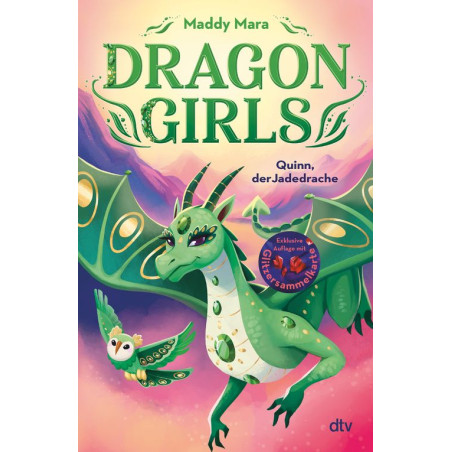 Buchcover von Dragon Girls: Quinn, der Jadedrache mit grünem Drachen und kleinem Vogel auf seinem Flügel.