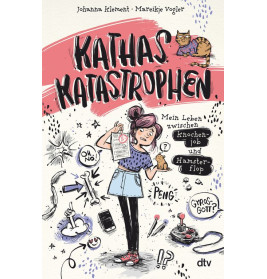 Buchcover: Ein Mädchen hält ein Zeugnis, umgeben von chaotischen Kritzeleien, mit Katze und Hamster dabei.