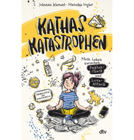 Buchcover von Kathas Katastrophen mit einer illustrierten, im Schneidersitz sitzenden Mädchenfigur und Kritzeleien.