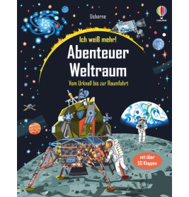 Buchcover mit Mondlandefähre, Astronaut, Planeten, Sternen und dem Titel Abenteuer Weltraum auf Deutsch.