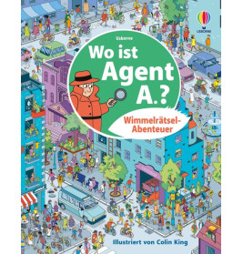 Buntes Buchcover mit Stadtszene und Menschen, Titel: Wo ist Agent A? (auf Deutsch).