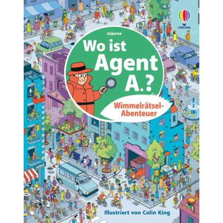 Buntes Buchcover mit Stadtszene und Menschen, Titel: Wo ist Agent A? (auf Deutsch).