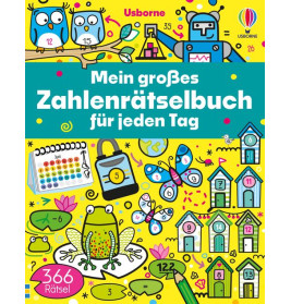 Buntes deutsches Rätselbuch mit Tieren, Zahlen und Häusern, Titel: Mein großes Zahlenrätselbuch.