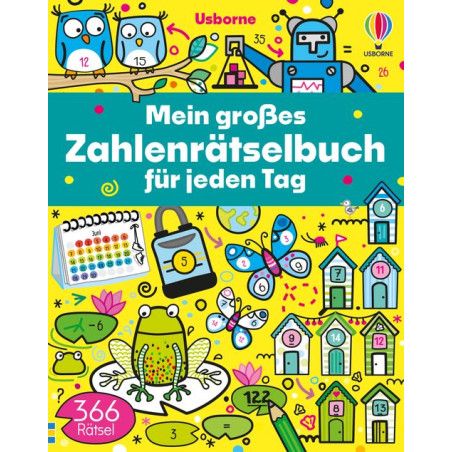 Buntes deutsches Rätselbuch mit Tieren, Zahlen und Häusern, Titel: Mein großes Zahlenrätselbuch.