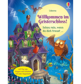 Illustrierte Spukhaus-Szene mit Geistern, Fledermäusen, Eule deutscher Text heißt Besucher im Geisterschloss willkommen.