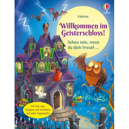 Illustrierte Spukhaus-Szene mit Geistern, Fledermäusen, Eule deutscher Text heißt Besucher im Geisterschloss willkommen.