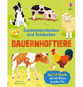 Buchcover mit Kuh, Schwein, Schaf, Küken und Hahn vor grünem Hintergrund und deutschem Text.