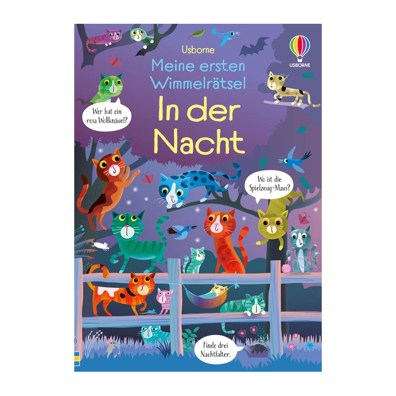 Bunt illustrierte Katzen und Tiere in einer Nachtszene auf dem Cover eines deutschen Kinderpuzzlebuchs.