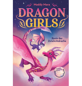 Das Buchcover von Dragon Girls zeigt einen pinken Drachen und eine kleine geflügelte Katze vor buntem Himmel.