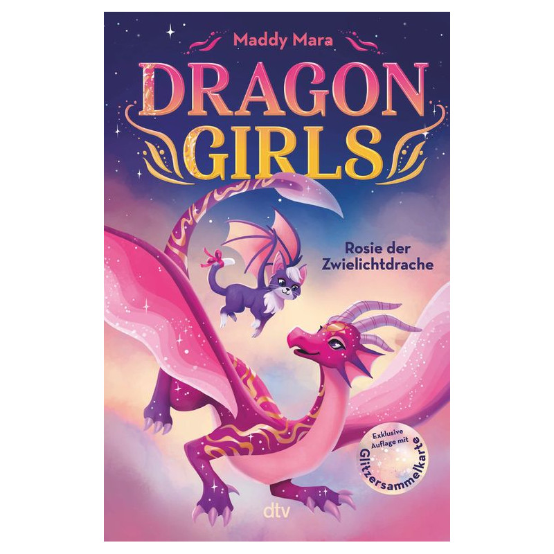 Das Buchcover von Dragon Girls zeigt einen pinken Drachen und eine kleine geflügelte Katze vor buntem Himmel.