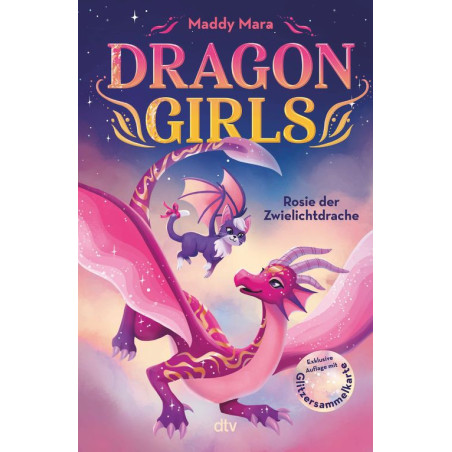 Das Buchcover von Dragon Girls zeigt einen pinken Drachen und eine kleine geflügelte Katze vor buntem Himmel.