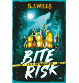 Vier Jugendliche vor beleuchtetem Herrenhaus bei Nacht, große Wolfssilhouette im Hintergrund Titel: Bissgefahr.