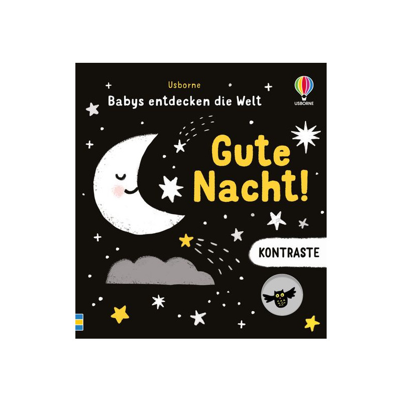 Buchcover mit lächelndem Mond, Sternen und Wolken auf schwarzem Hintergrund, dazu der Schriftzug Gute Nacht!.