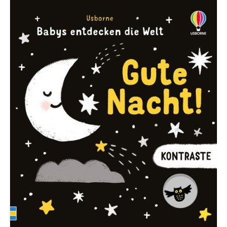 Buchcover mit lächelndem Mond, Sternen und Wolken auf schwarzem Hintergrund, dazu der Schriftzug Gute Nacht!.