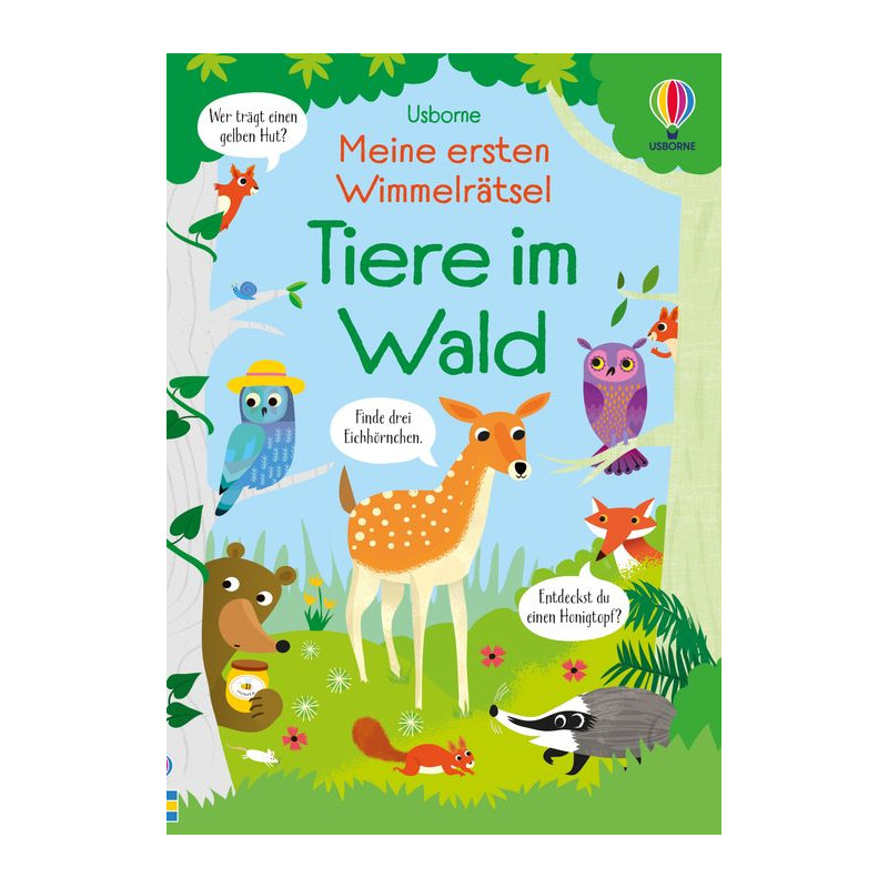 Buntes Kinderbuchcover mit Waldtieren wie Hirsch, Eule, Fuchs, Dachs und deutschem Text.