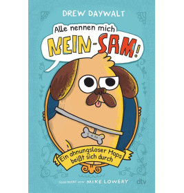 Buchcover: Cartoon-Mops mit SAM-Marke, Schriftzug NEIN-SAM! auf blauem Hintergrund.