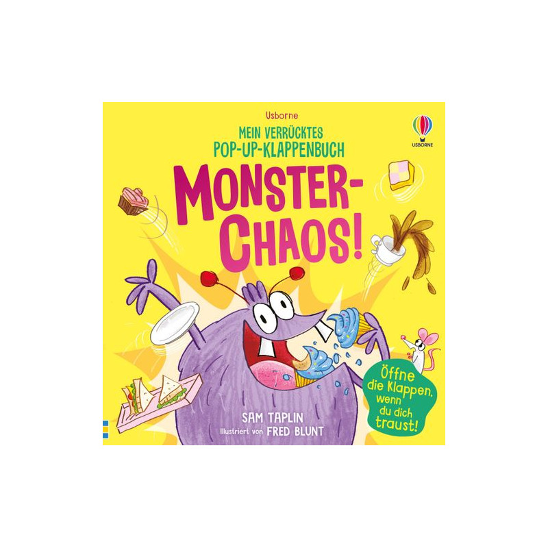 Lila Monster sorgt mit fliegenden Tellern auf dem gelben Umschlag eines deutschen Pop-up-Buchs für Chaos.