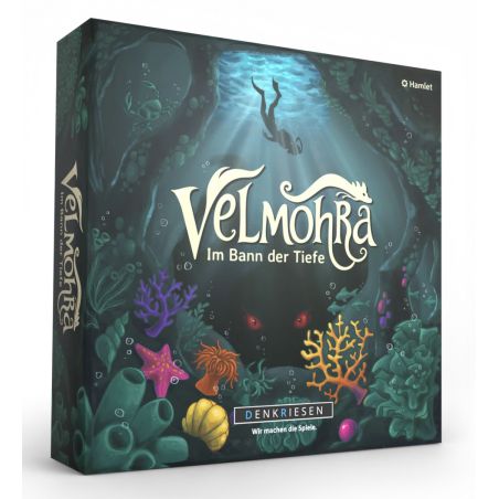 Brettspielbox mit Unterwasser-Szene: Taucher, bunte Korallen und dem Titel Velmohra.