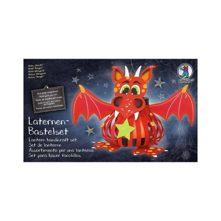 Ein Drachen-Laternen-Bastelset mit roten Flügeln vor blauem, sternenübersätem Hintergrund.