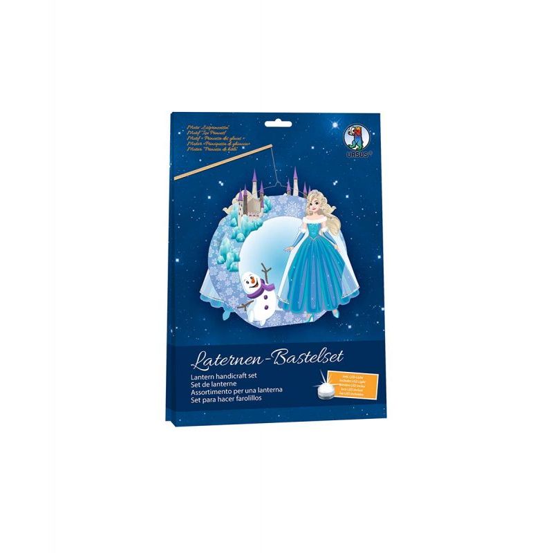Laternen-Bastelset mit Frozen-Motiv, Elsa und Olaf auf der Verpackung vor sternenklarem Hintergrund.