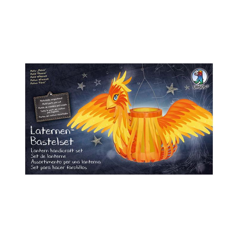 Laternen-Bastelset mit leuchtender oderanger Phönix-Laterne und mehrsprachiger Beschriftung auf der Verpackung.