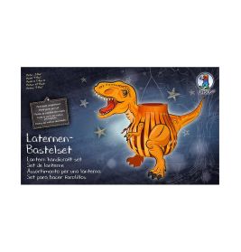 Laternen-Bastelset mit orangefarbener Dino-Laterne vor dunkelblauem, sternenübersätem Hintergrund.