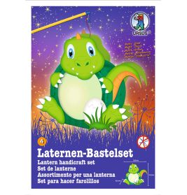 Grünes Drachen-Laternen-Bastelset mit mehrsprachigem Text und einer Cartoon-Drachen-Illustration.