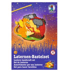 Laternen-Bastelset mit Drachen- und Vulkanmotiv, Verpackungstext in vier Sprachen.