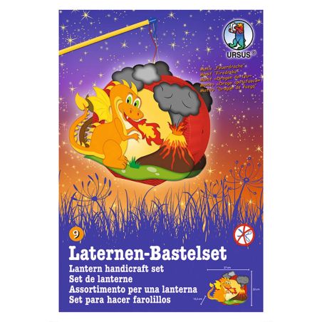 Laternen-Bastelset mit Drachen- und Vulkanmotiv, Verpackungstext in vier Sprachen.