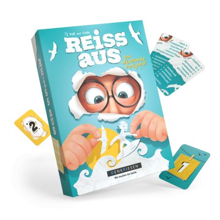 Reiss Aus-Spielbox mit gezeichneten Augen hinter zerrissenem Papier sowie Karten mit Zahlen und weiteren Spielkarten.
