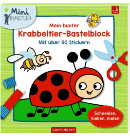 Buntes Bastelbuch-Cover auf Deutsch mit Marienkäfer, Biene, Schere und Stickern für Kinder ab 3 Jahren.