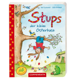 Farbiges Kinderbuchcover: Ein Hase fällt vom Baum zu Ostereiern, während Tiere unten zusehen.