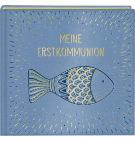 Blauer Buchumschlag mit Fischmotiv und goldener Aufschrift MEINE ERSTKOMMUNION auf Deutsch.