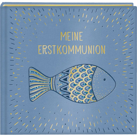 Blauer Buchumschlag mit Fischmotiv und goldener Aufschrift MEINE ERSTKOMMUNION auf Deutsch.