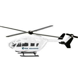 Klarer Kunststoff-Spielzeughubschrauber mit ESA-Logo und schwarzen Details, seitlich vor weißem Hintergrund.